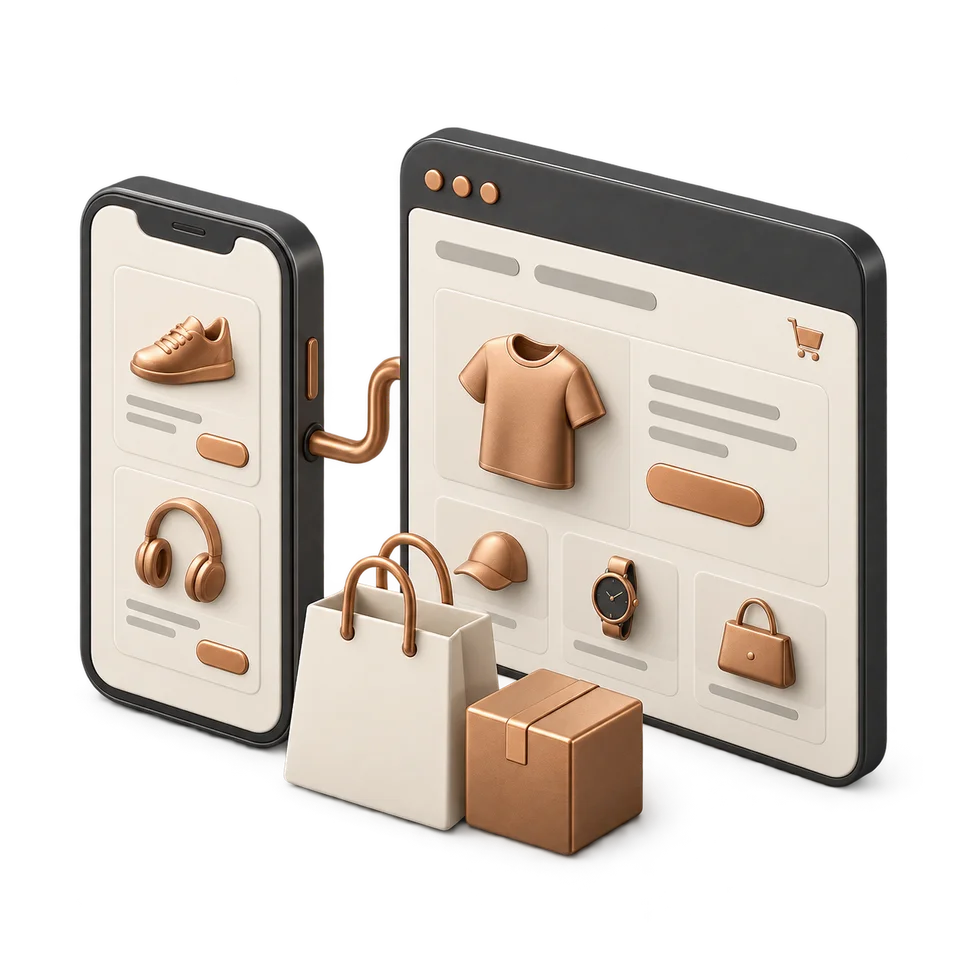 手機、網頁與購物模組,呈現 App、Web 與電商產品開發。